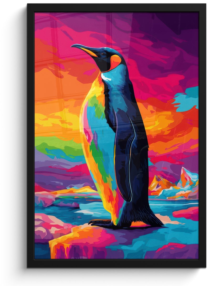 FrameYourWall Poster in lijst - Fotolijst 40x60 cm - Posters - Ijsschots - Pinguïn - Abstract - Lucht - Posterlijst zwart - Decoratie - Wanddecoratie woonkamer - Muurdecoratie slaapkamer Pinguïn - Kleurrijk