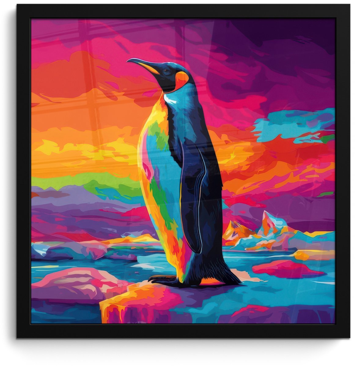 FrameYourWall Poster in lijst - Fotolijst 40x40 cm - Posters - Ijsschots - Pinguïn - Abstract - Lucht - Posterlijst zwart - Decoratie - Wanddecoratie woonkamer - Muurdecoratie slaapkamer Pinguïn - Kleurrijk