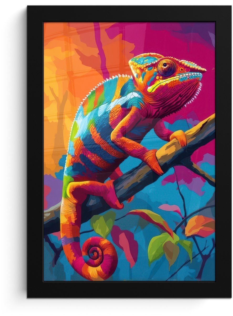 FrameYourWall Poster in lijst - Fotolijst 20x30 cm - Posters - Kameleon - Tak - Gestreept - Bladeren - Posterlijst zwart - Decoratie - Wanddecoratie woonkamer - Muurdecoratie slaapkamer Kameleon - Kleurrijk
