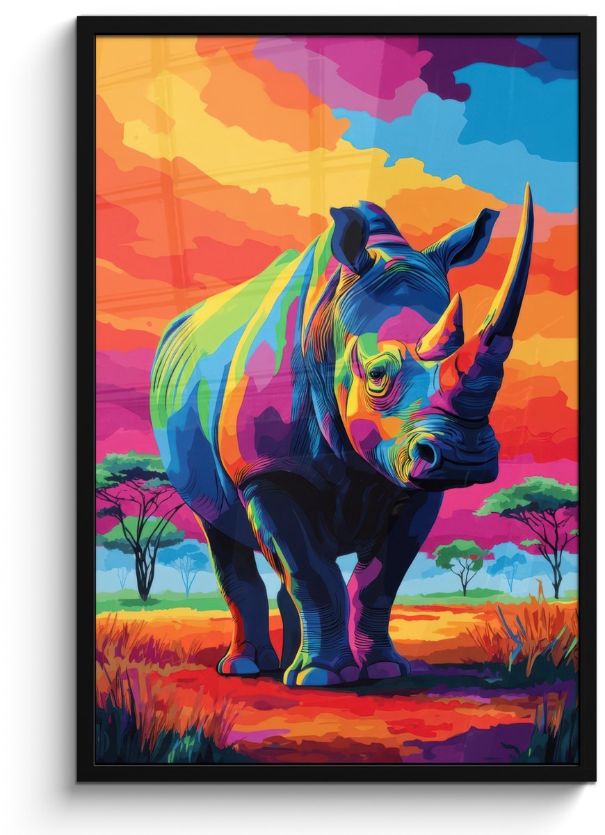 FrameYourWall Poster in lijst - Fotolijst 60x90 cm - Posters - Neushoorn - Zonsondergang - Savanna - Kleurrijk - Posterlijst zwart - Decoratie - Wanddecoratie woonkamer - Muurdecoratie slaapkamer Neushoorn - Kleurrijk