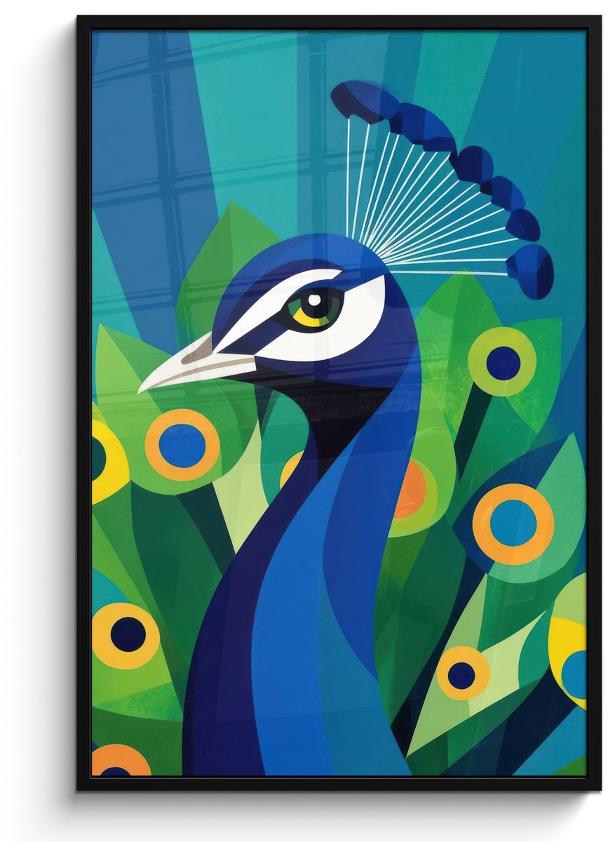 FrameYourWall Poster in lijst - Fotolijst 80x120 cm - Posters - Pauw - Cirkels - Blauw - Posterlijst zwart - Decoratie - Wanddecoratie woonkamer - Muurdecoratie slaapkamer Pauw - Veren