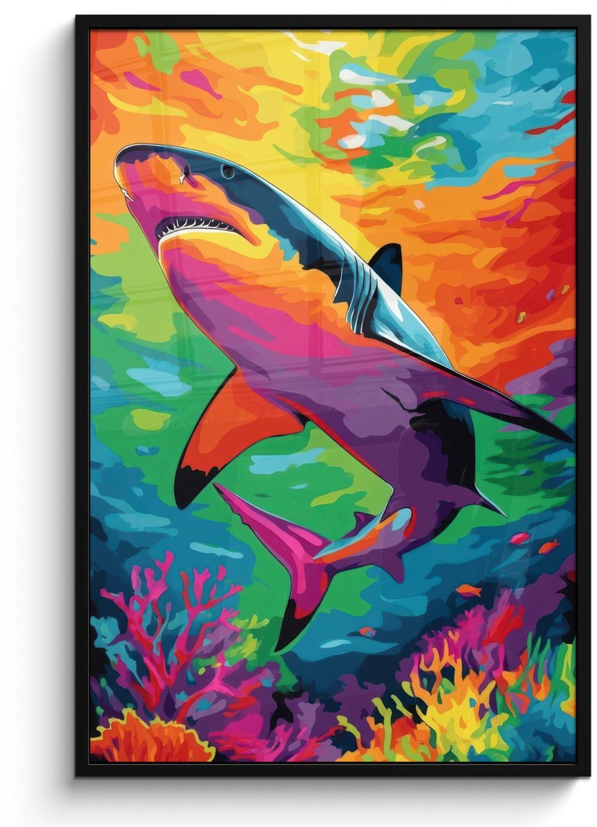 FrameYourWall Poster in lijst - Fotolijst 80x120 cm - Posters - Haai - Koraalrif - Abstract - Kleurrijk - Posterlijst zwart - Decoratie - Wanddecoratie woonkamer - Muurdecoratie slaapkamer Haai - Kleurrijk