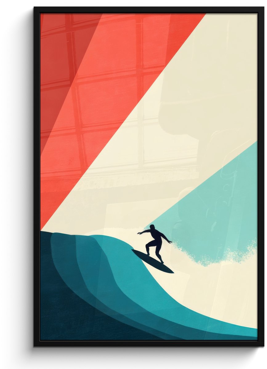 FrameYourWall Poster in lijst - Fotolijst 80x120 cm - Posters - Surfer - Abstract - Golven - Zonnestralen - Posterlijst zwart - Decoratie - Wanddecoratie woonkamer - Muurdecoratie slaapkamer - Kerstversiering - Kerstdecoratie voor binnen - Kerstmis