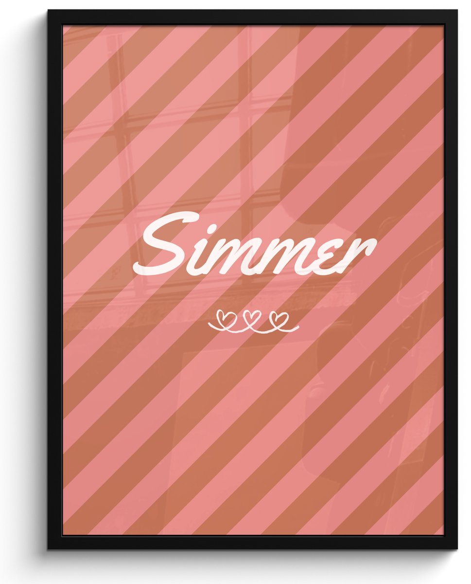 FrameYourWall Poster in lijst - Fotolijst 60x80 cm - Posters - Simmer - Hartjes - Strepen - Roze - Posterlijst zwart - Decoratie - Wanddecoratie woonkamer - Muurdecoratie slaapkamer Tekst - Strepen - Simmer