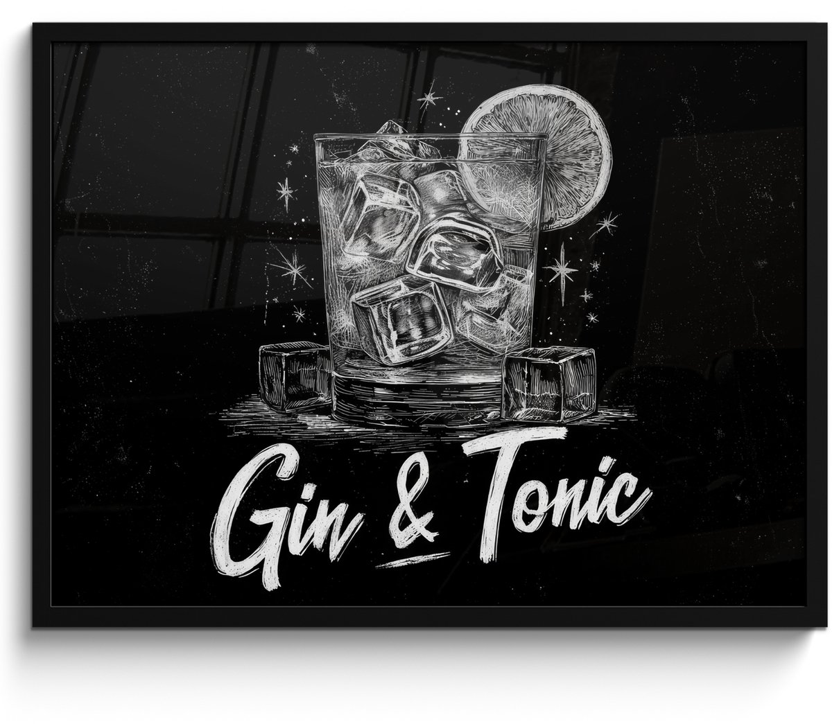 FrameYourWall Poster in lijst - Fotolijst 80x60 cm - Posters - Gin en tonic - Glas - Limoen - Ijsblokjes - Posterlijst zwart - Decoratie - Wanddecoratie woonkamer - Muurdecoratie slaapkamer Gin & tonic - Ijsblokjes