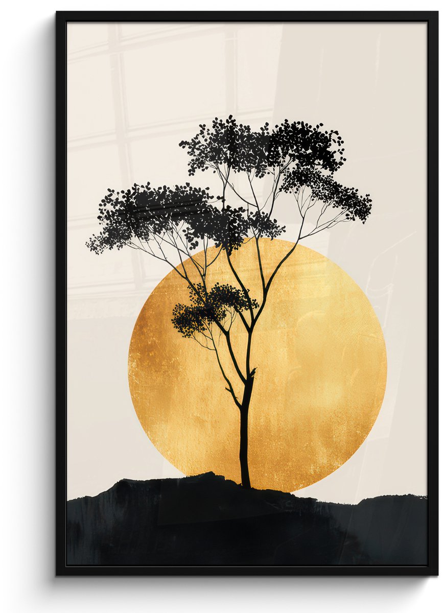 FrameYourWall Poster in lijst - Fotolijst 80x120 cm - Posters - Zwarte boom - Gouden cirkel - Heuvel - Posterlijst zwart - Decoratie - Wanddecoratie woonkamer - Muurdecoratie slaapkamer Boom - Cirkel - Heuvel