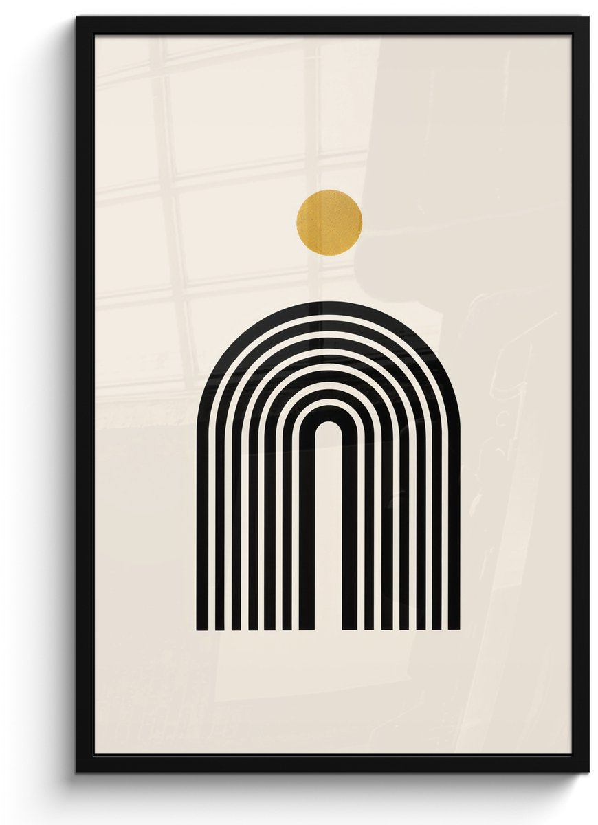FrameYourWall Poster in lijst - Fotolijst 60x90 cm - Posters - Minimalistisch - Zwarte boog - Gouden cirkel - Posterlijst zwart - Decoratie - Wanddecoratie woonkamer - Muurdecoratie slaapkamer Boog - Cirkel