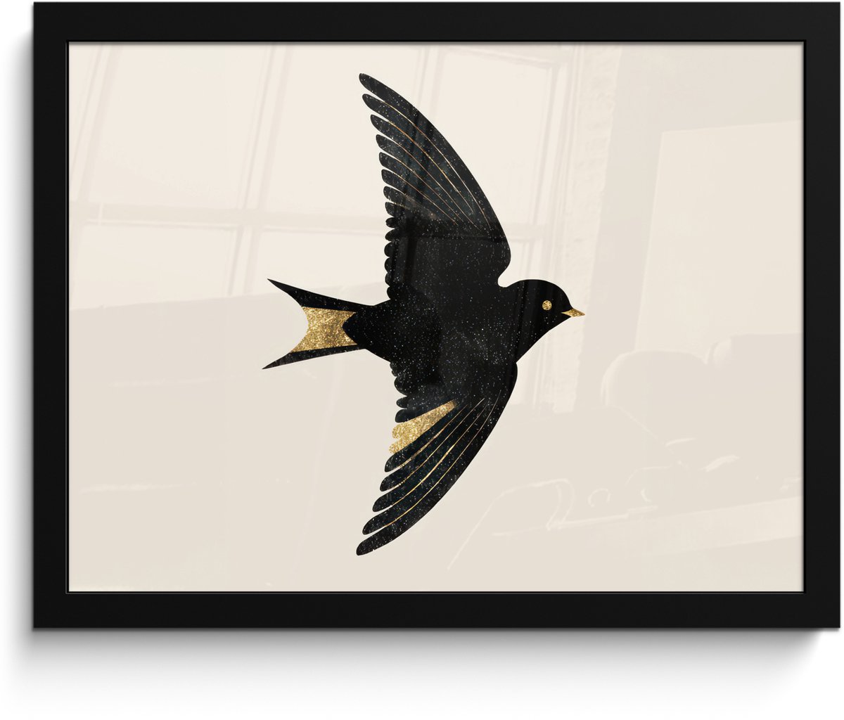 FrameYourWall Poster in lijst - Fotolijst 40x30 cm - Posters - Zwarte zwaluw - Gouden accenten - Lichte achtergrond - Posterlijst zwart - Decoratie - Wanddecoratie woonkamer - Muurdecoratie slaapkamer