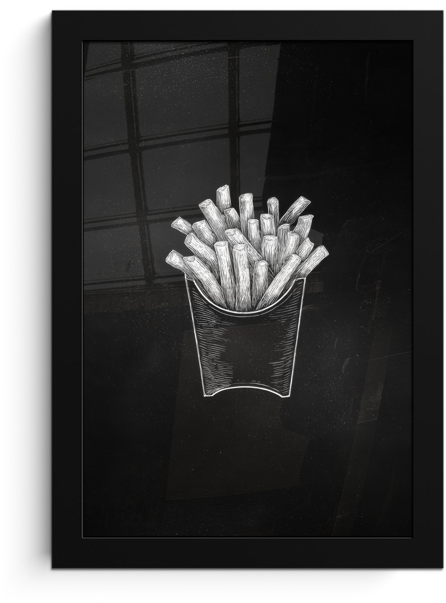 FrameYourWall Poster in lijst - Fotolijst 20x30 cm - Posters - Friet - Witte krijttekening - Zwart - Posterlijst zwart - Decoratie - Wanddecoratie woonkamer - Muurdecoratie slaapkamer