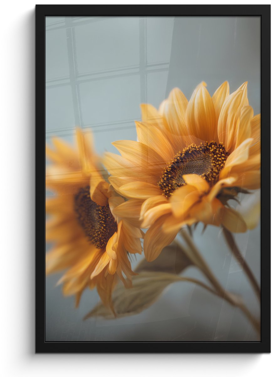 FrameYourWall Poster in lijst - Fotolijst 40x60 cm - Posters - Zonnebloemen - Geel - Wazig - Posterlijst zwart - Decoratie - Wanddecoratie woonkamer - Muurdecoratie slaapkamer