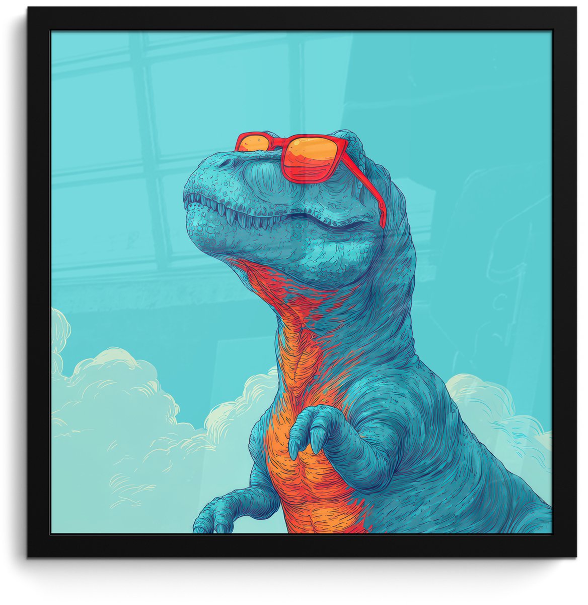 FrameYourWall Poster in lijst - Fotolijst 40x40 cm - Posters - T-Rex - Blauw - Wolken - Zonnebril - Posterlijst zwart - Decoratie - Wanddecoratie woonkamer - Muurdecoratie slaapkamer Dinosaurus - Wolken - Zonnebril