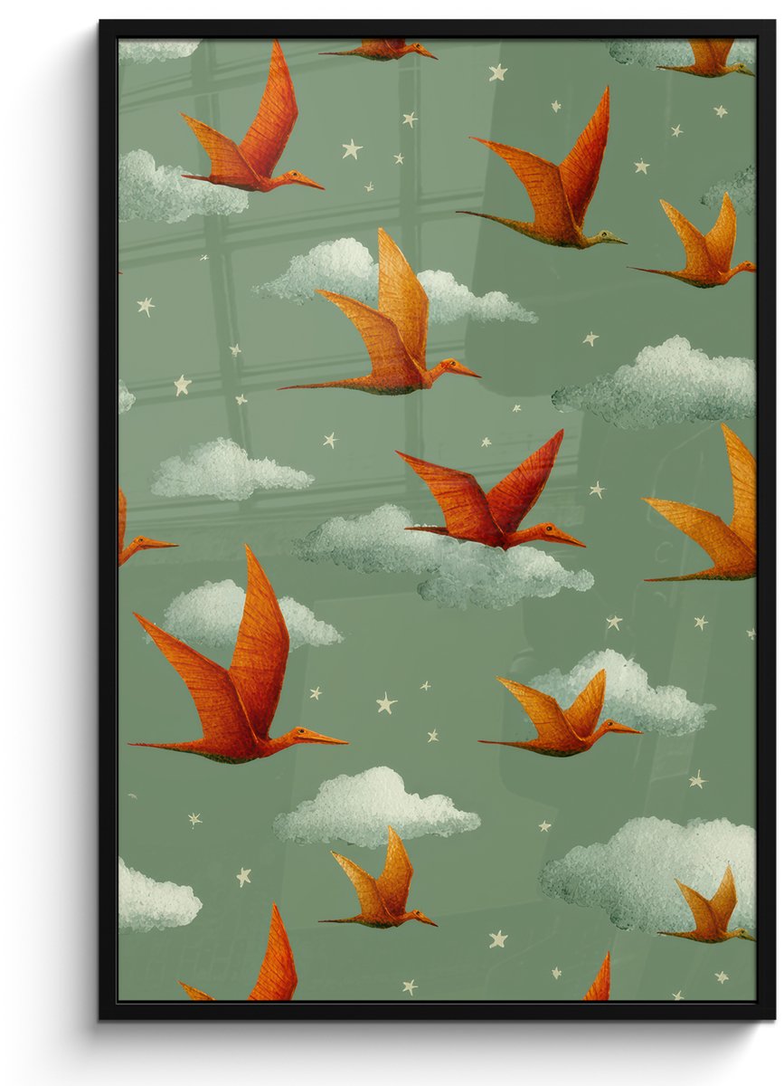 FrameYourWall Poster in lijst - Fotolijst 80x120 cm - Posters - Dinosaurussen - Wolken - Sterren - Oranje - Posterlijst zwart - Decoratie - Wanddecoratie woonkamer - Muurdecoratie slaapkamer