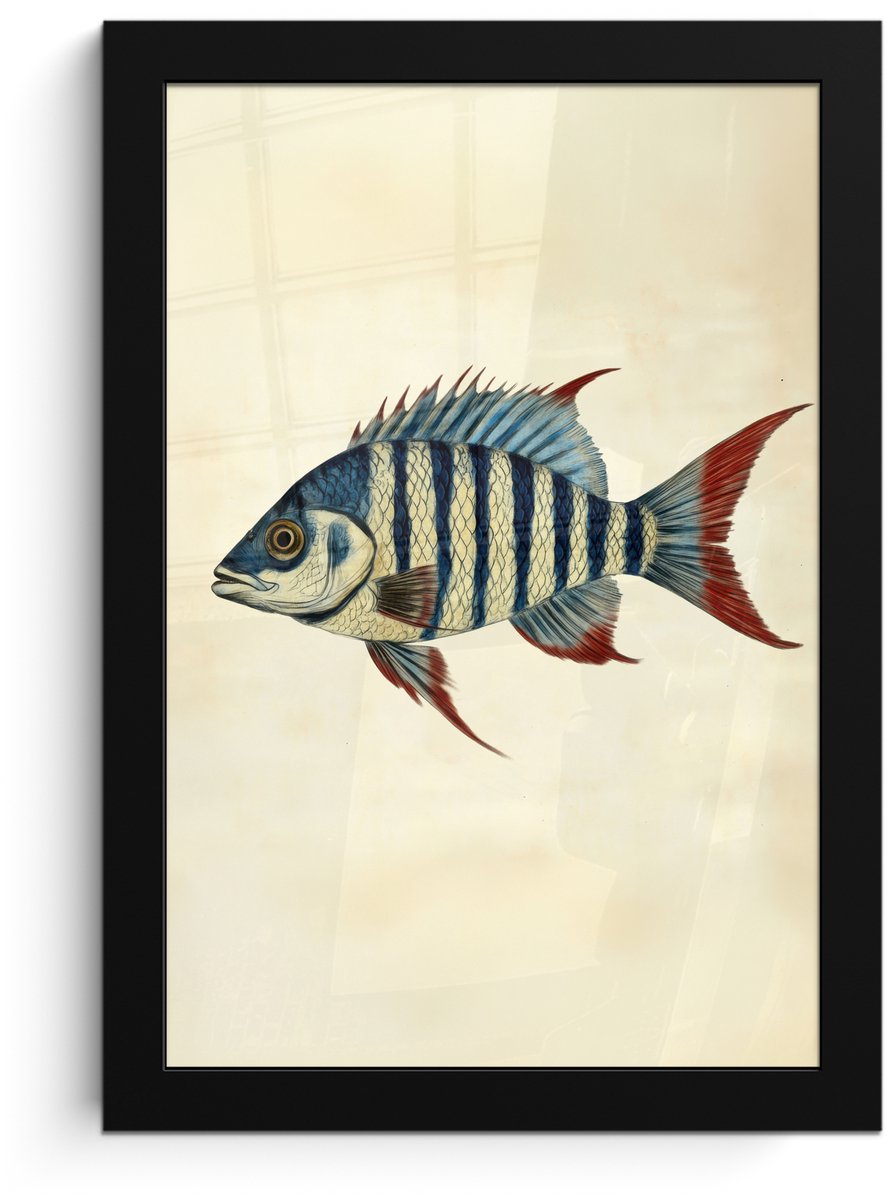 FrameYourWall Poster in lijst - Fotolijst 20x30 cm - Posters - Gestreept - Donkerblauw - Rugvin - Vis - Posterlijst zwart - Decoratie - Wanddecoratie woonkamer - Muurdecoratie slaapkamer Vis - Rugvin