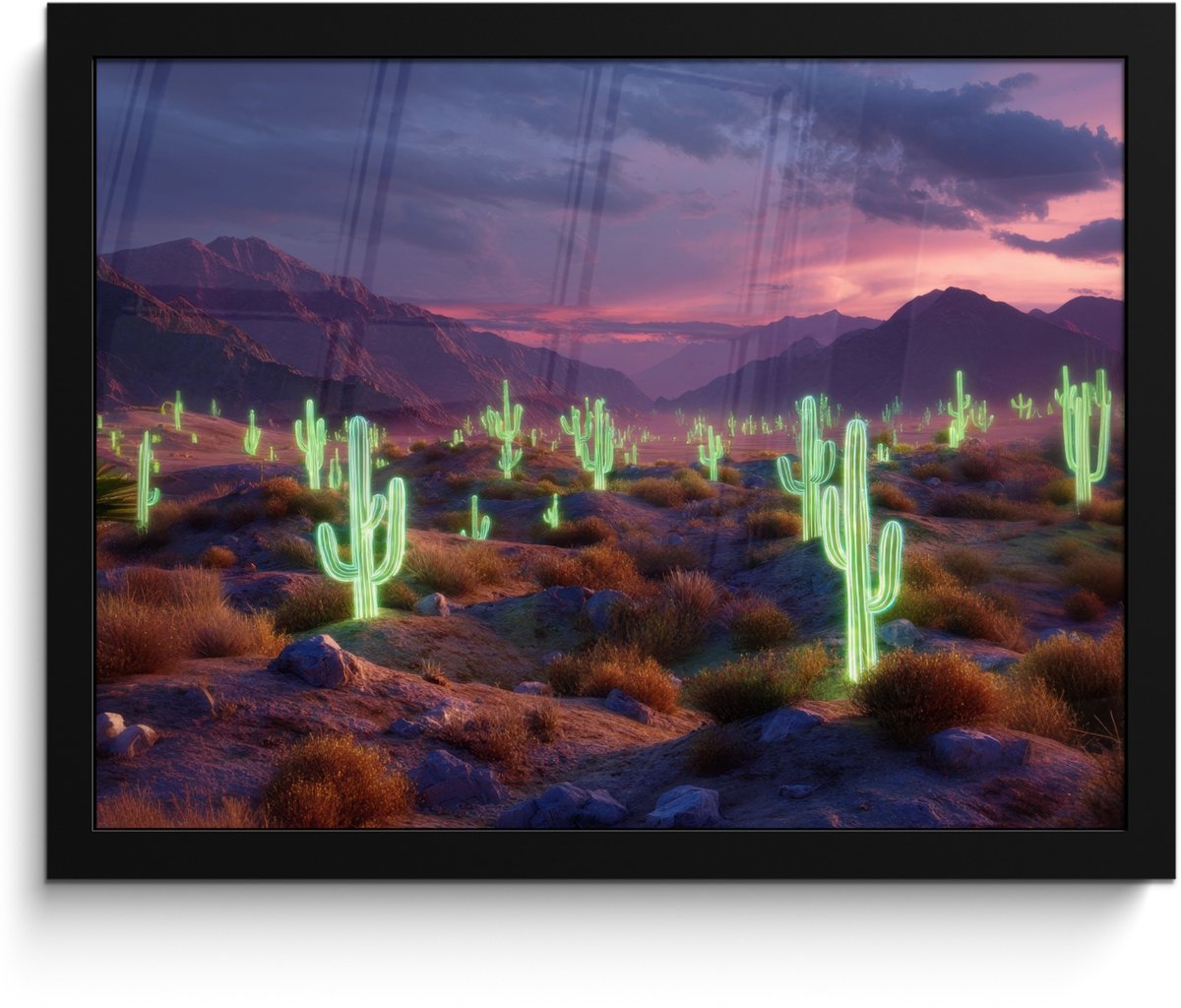 FrameYourWall Poster in lijst - Fotolijst 40x30 cm - Posters - Neon cactussen - Woestijn - Zonsondergang - Posterlijst zwart - Decoratie - Wanddecoratie woonkamer - Muurdecoratie slaapkamer Neon - cactus - Woestijn