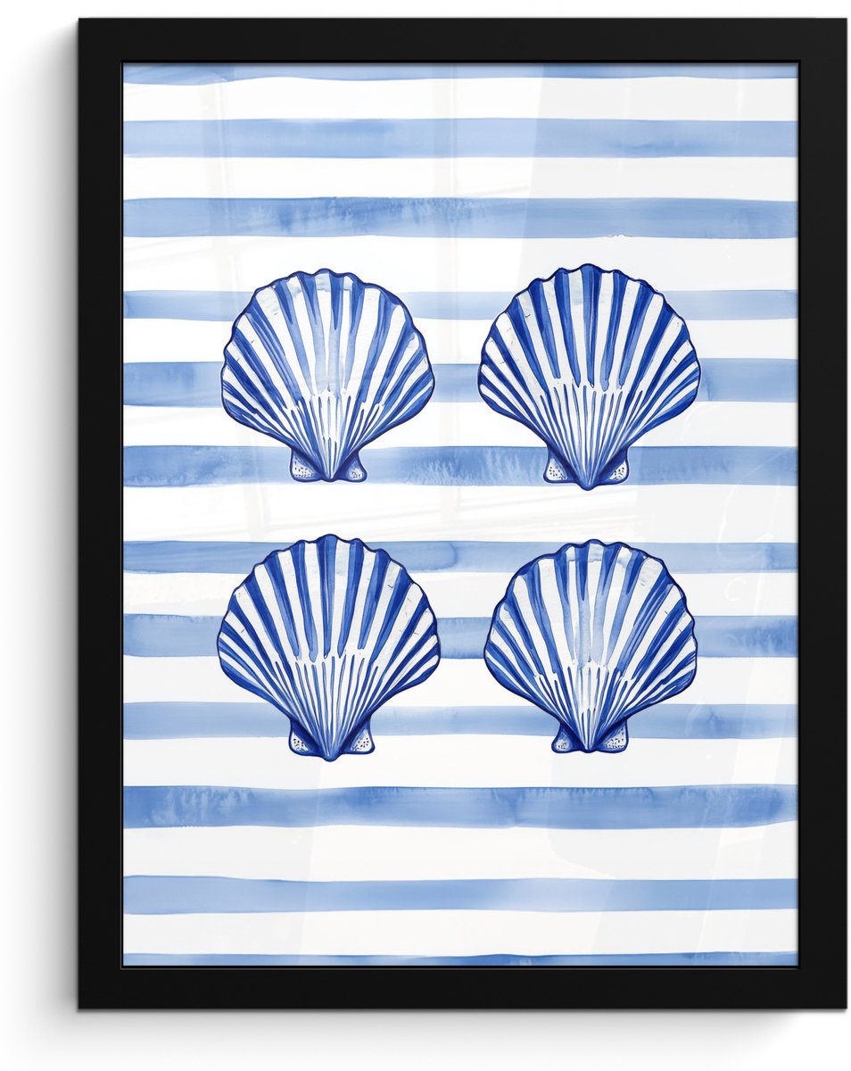 FrameYourWall Poster in lijst - Fotolijst 30x40 cm - Posters - Vier schelpen - Blauw - Wit - Strepen - Posterlijst zwart - Decoratie - Wanddecoratie woonkamer - Muurdecoratie slaapkamer Schelpen - Strepen