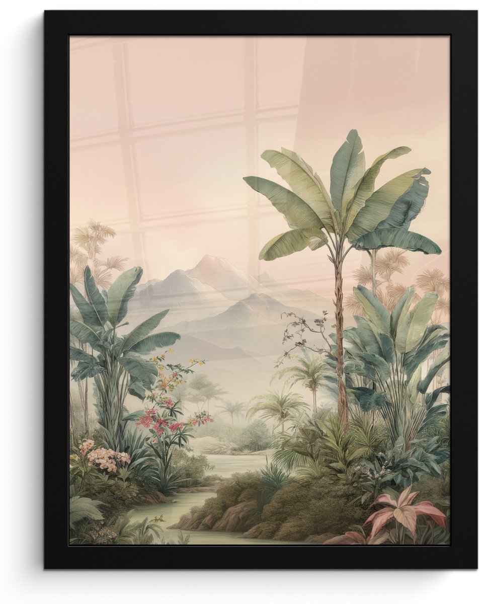 FrameYourWall Poster in lijst - Fotolijst 30x40 cm - Posters - Tropisch landschap - palmbomen - Bloemen - Roze lucht - Posterlijst zwart - Decoratie - Wanddecoratie woonkamer - Muurdecoratie slaapkamer Tropisch - Landschap