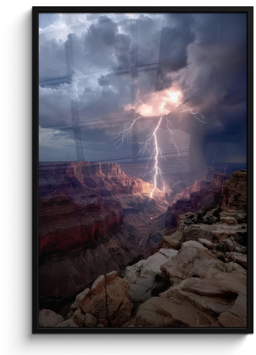 FrameYourWall Poster in lijst - Fotolijst 80x120 cm - Posters - Bliksem - Wolken - Canyon - Posterlijst zwart - Decoratie - Wanddecoratie woonkamer - Muurdecoratie slaapkamer Bliksem - Wolken - Rotsen