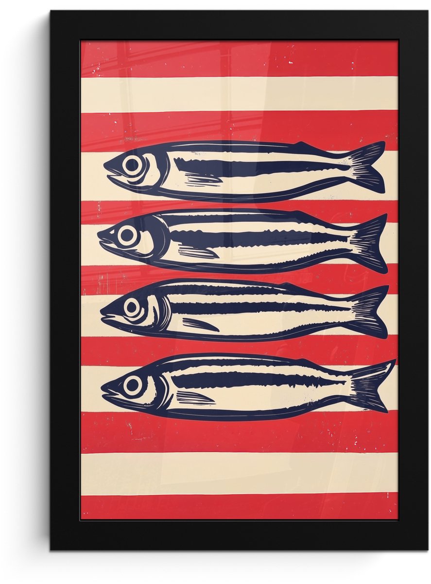 FrameYourWall Poster in lijst - Fotolijst 20x30 cm - Posters - Sardines - Rood en beige strepen - Posterlijst zwart - Decoratie - Wanddecoratie woonkamer - Muurdecoratie slaapkamer Sardines - Strepen