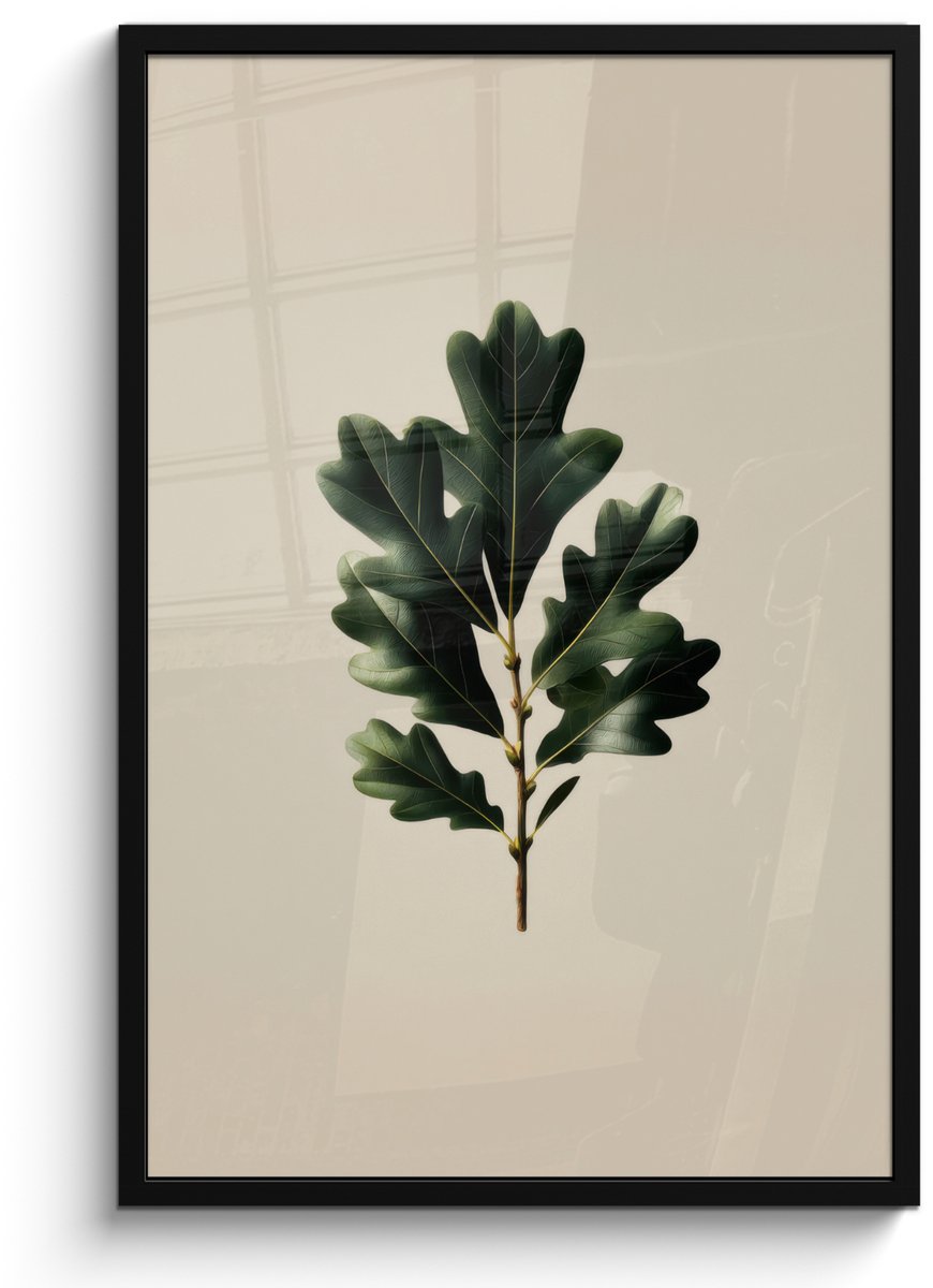 FrameYourWall Poster in lijst - Fotolijst 60x90 cm - Posters - Eikenbladeren - Beige - Groen - Golvende randen - Posterlijst zwart - Decoratie - Wanddecoratie woonkamer - Muurdecoratie slaapkamer