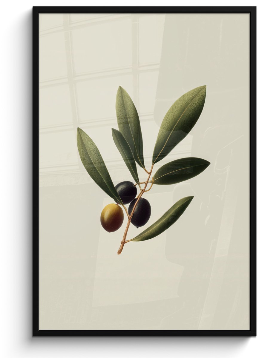 FrameYourWall Poster in lijst - Fotolijst 80x120 cm - Posters - Olijftak - Donkergroen - Olijven - Posterlijst zwart - Decoratie - Wanddecoratie woonkamer - Muurdecoratie slaapkamer