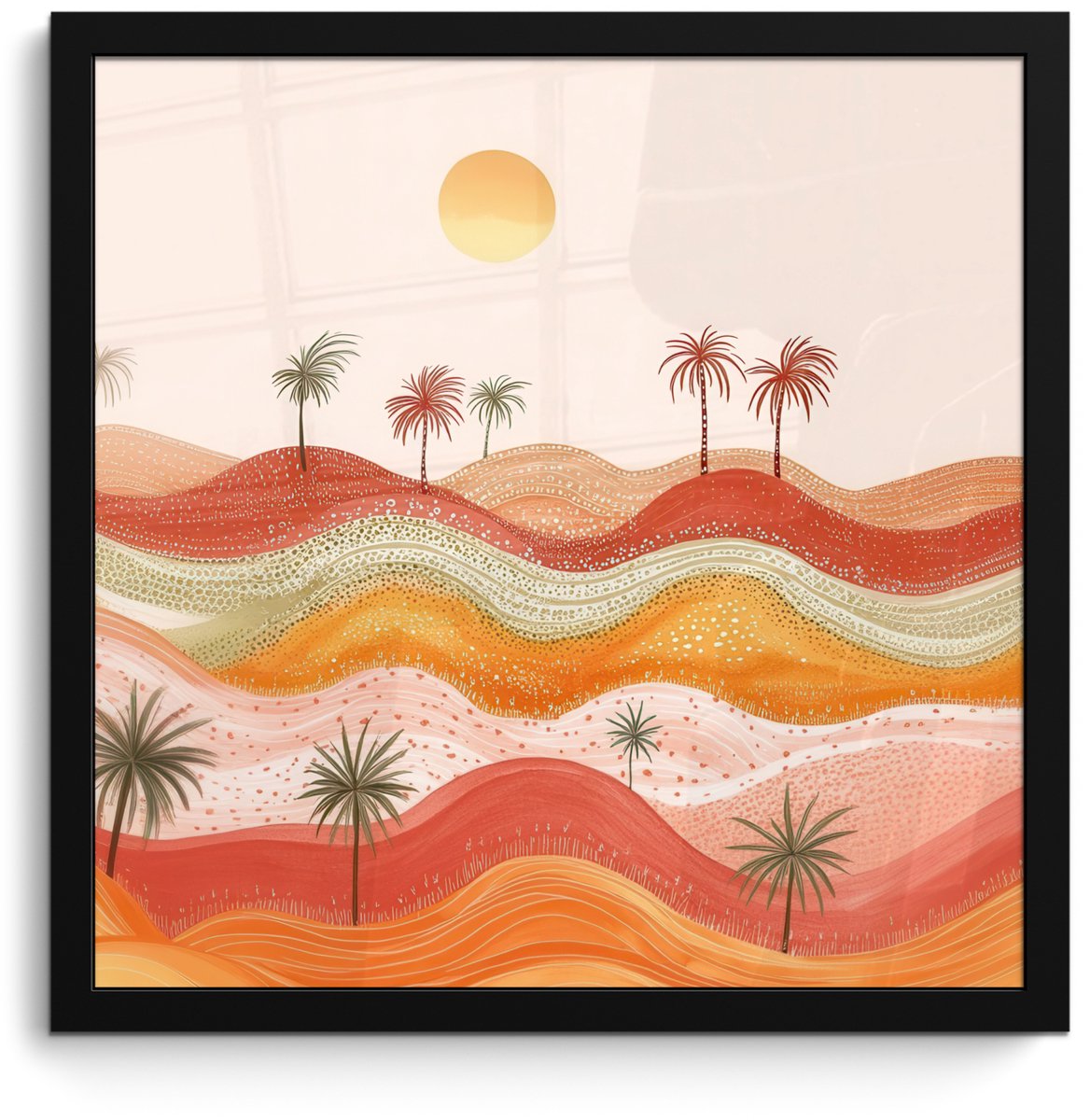 FrameYourWall Poster in lijst - Fotolijst 40x40 cm - Posters - Abstract landschap - Palmbomen - Kleurrijk - Posterlijst zwart - Decoratie - Wanddecoratie woonkamer - Muurdecoratie slaapkamer