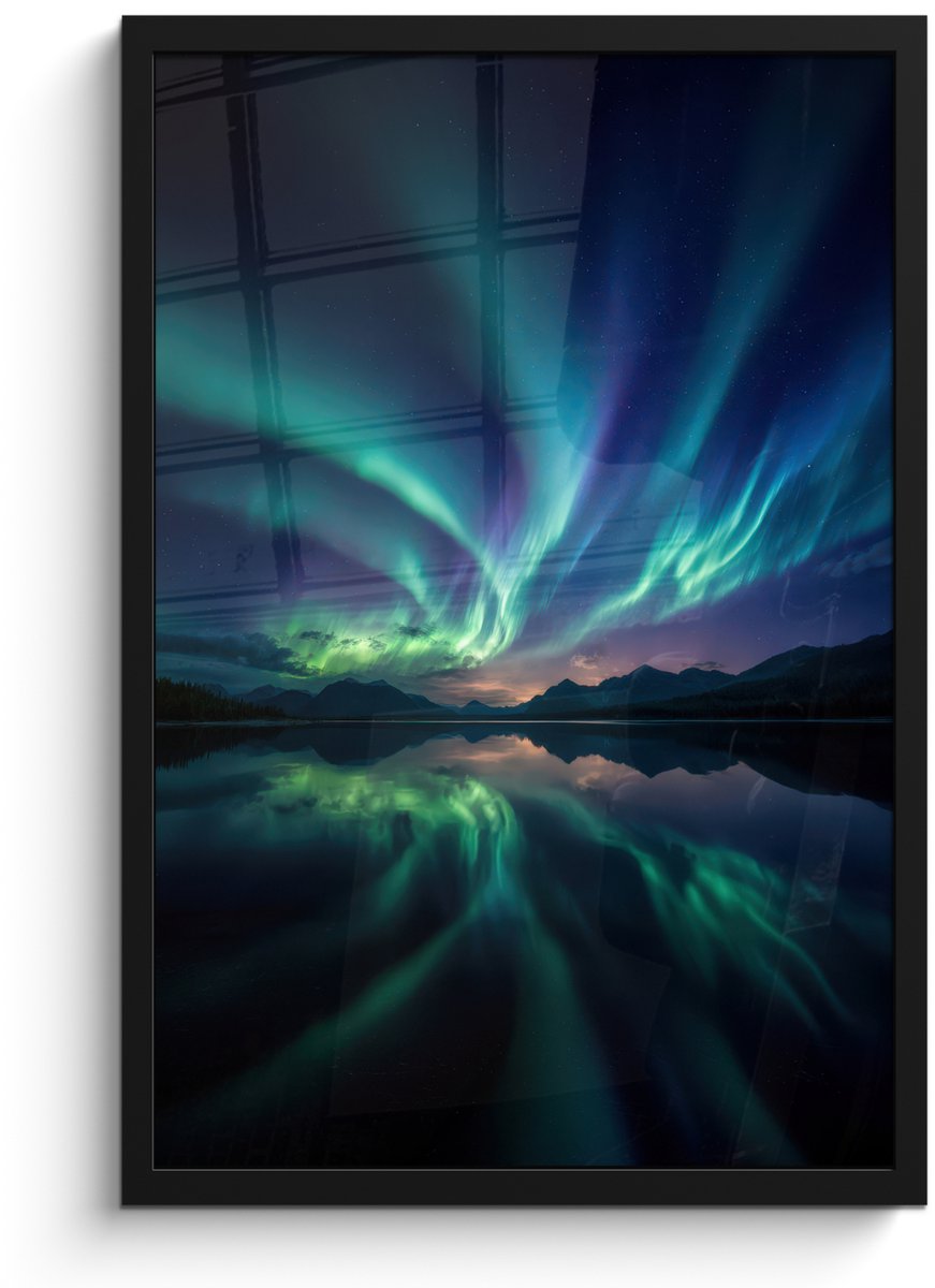 FrameYourWall Poster in lijst - Fotolijst 40x60 cm - Posters - Noorderlicht - Kleurrijk - Bergmeer - Posterlijst zwart - Decoratie - Wanddecoratie woonkamer - Muurdecoratie slaapkamer Noorderlicht - Meer - Bergen