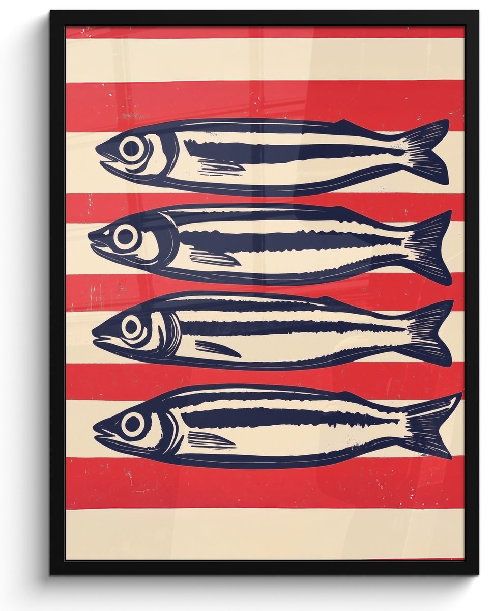 FrameYourWall Poster in lijst - Fotolijst 60x80 cm - Posters - Sardines - Rood en beige strepen - Posterlijst zwart - Decoratie - Wanddecoratie woonkamer - Muurdecoratie slaapkamer Sardines - Strepen