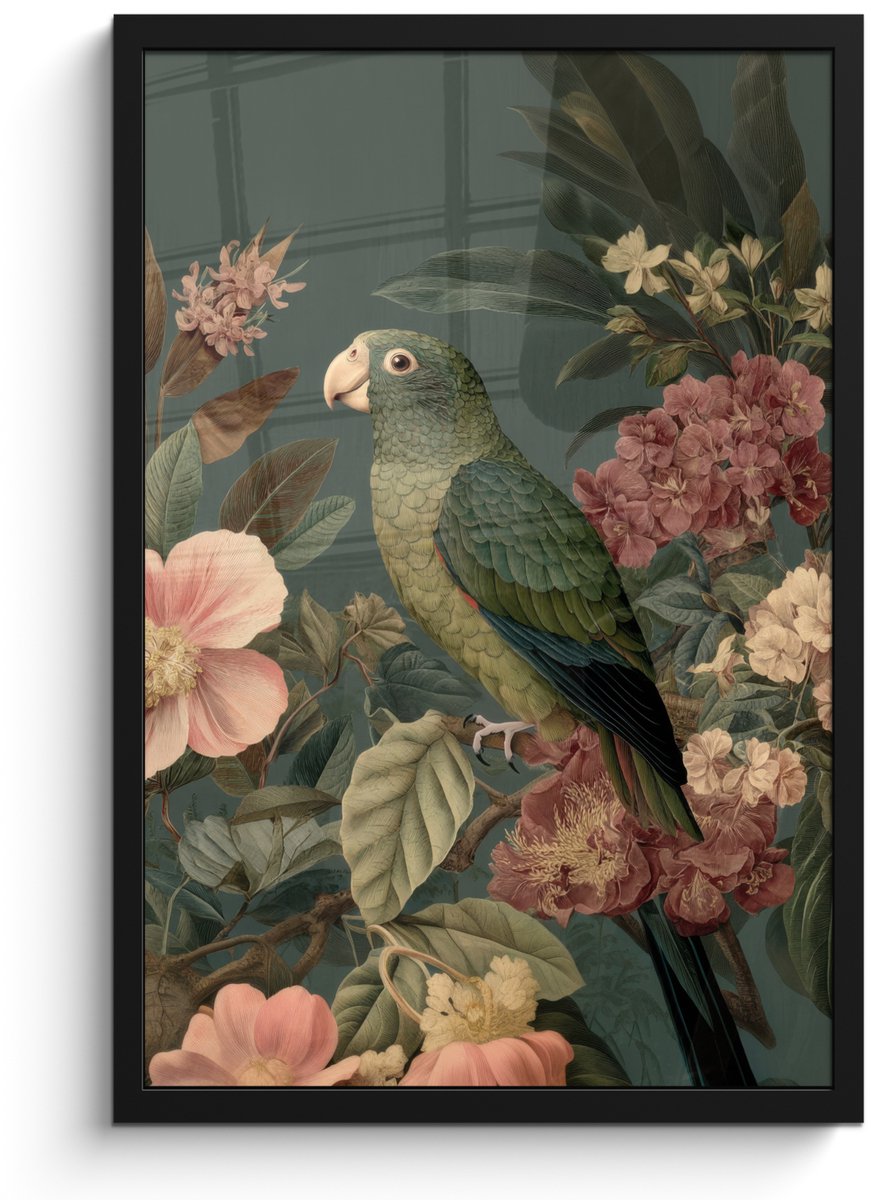 FrameYourWall Poster in lijst - Fotolijst 40x60 cm - Posters - Groene papegaai - Kleurrijke bloemen - Donkere achtergrond - Posterlijst zwart - Decoratie - Wanddecoratie woonkamer - Muurdecoratie slaapkamer Papegaai - Bloemen