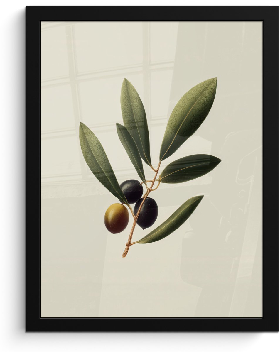 FrameYourWall Poster in lijst - Fotolijst 30x40 cm - Posters - Olijftak - Donkergroen - Olijven - Posterlijst zwart - Decoratie - Wanddecoratie woonkamer - Muurdecoratie slaapkamer