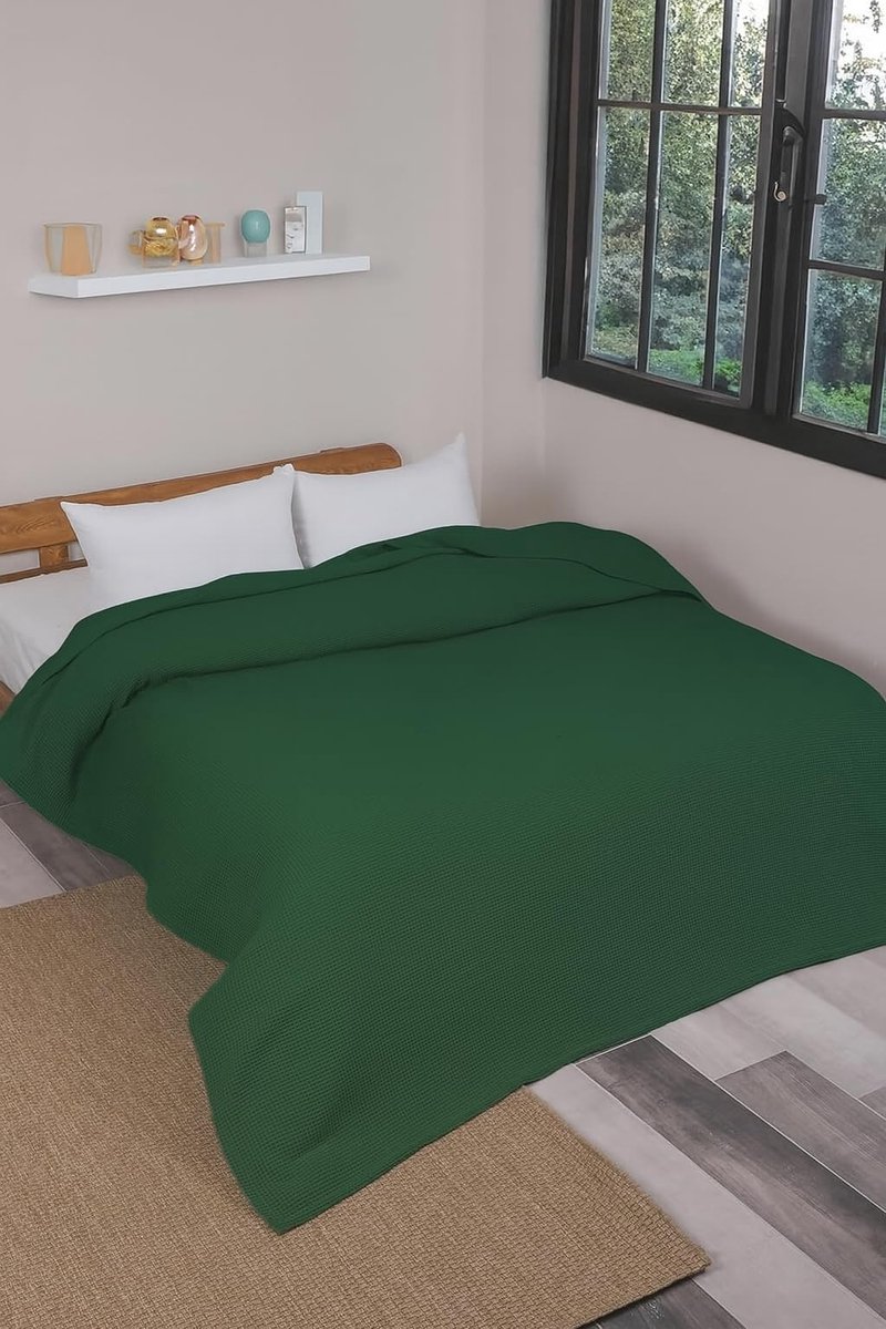 Azomor® Dubbele katoenen sprei in donkergroen wafelpatroon voor bed en bank