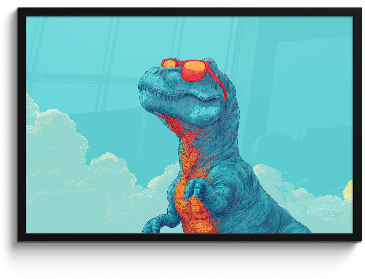 FrameYourWall Poster in lijst - Fotolijst 90x60 cm - Posters - T-Rex - Blauw - Wolken - Zonnebril - Posterlijst zwart - Decoratie - Wanddecoratie woonkamer - Muurdecoratie slaapkamer Dinosaurus - Wolken - Zonnebril
