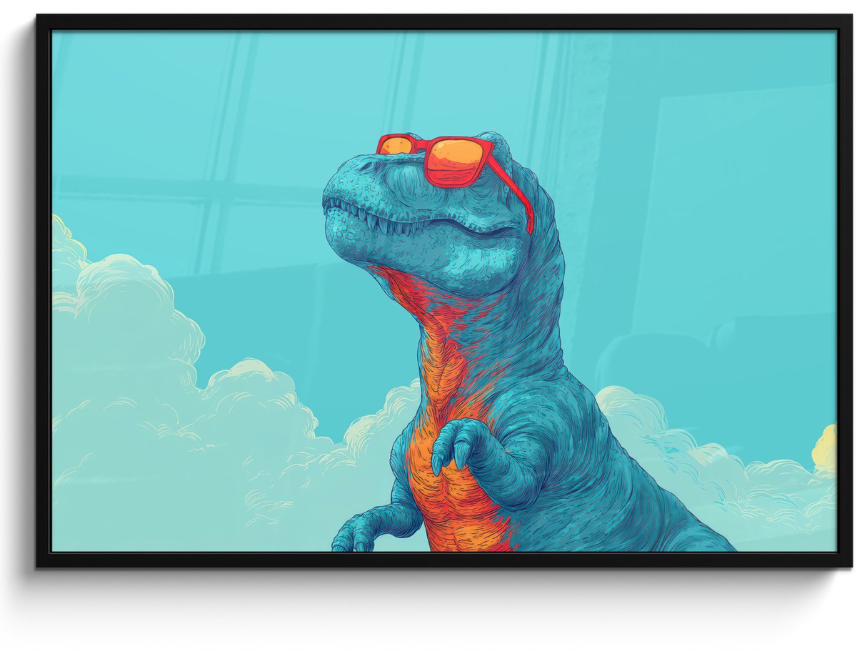 FrameYourWall Poster in lijst - Fotolijst 120x80 cm - Posters - T-Rex - Blauw - Wolken - Zonnebril - Posterlijst zwart - Decoratie - Wanddecoratie woonkamer - Muurdecoratie slaapkamer Dinosaurus - Wolken - Zonnebril
