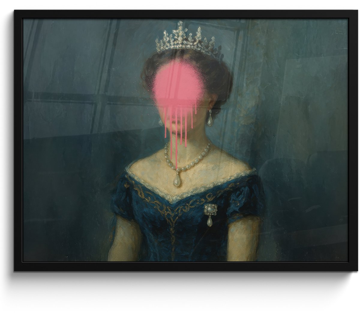FrameYourWall Poster in lijst - Fotolijst 80x60 cm - Posters - Kroon - Roze druipend verf - Portret - Posterlijst zwart - Decoratie - Wanddecoratie woonkamer - Muurdecoratie slaapkamer Vrouw - Kroon - Verf