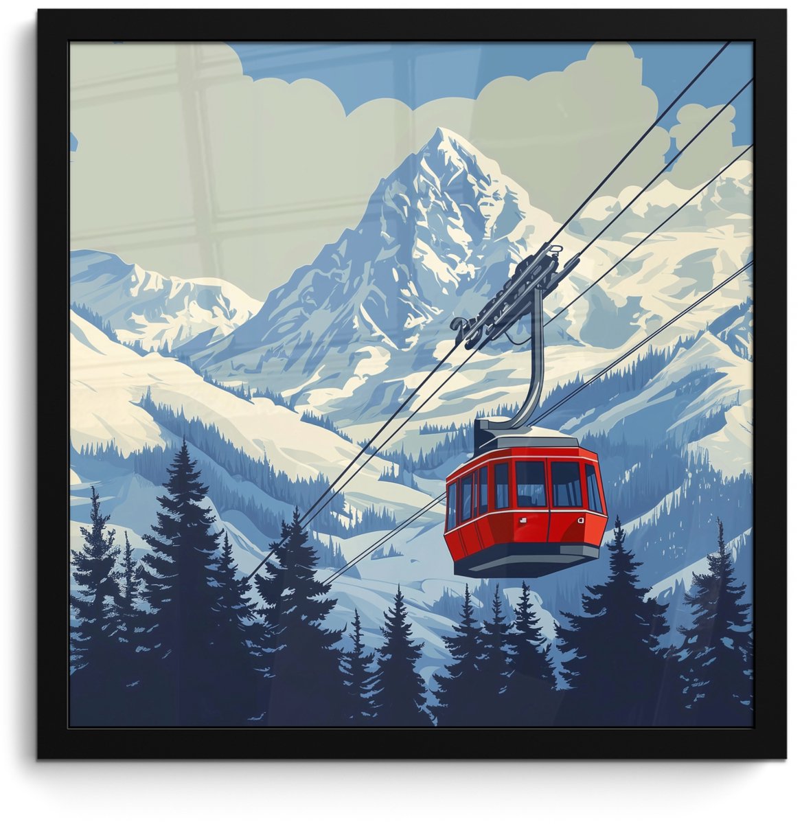FrameYourWall Poster in lijst - Fotolijst 40x40 cm - Posters - Kabelbaan - Sneeuw - Berglandschap - Posterlijst zwart - Decoratie - Wanddecoratie woonkamer - Muurdecoratie slaapkamer Kabelbaan - Bergen - Sneeuw