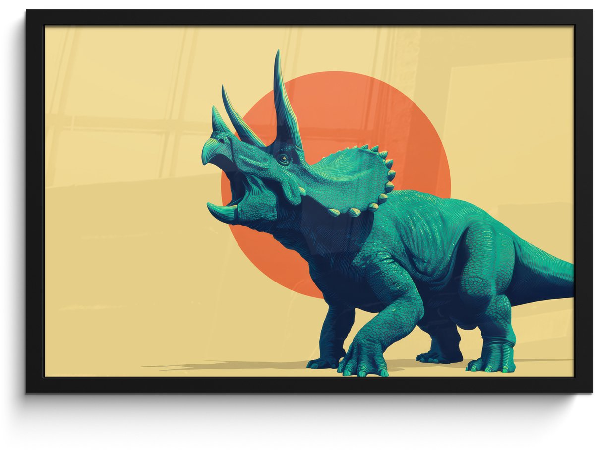 FrameYourWall Poster in lijst - Fotolijst 60x40 cm - Posters - Triceratops - Cirkel - Oranje - Hoorns - Posterlijst zwart - Decoratie - Wanddecoratie woonkamer - Muurdecoratie slaapkamer