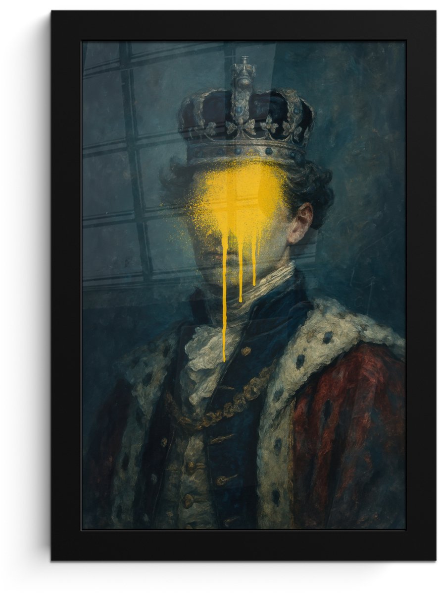 FrameYourWall Poster in lijst - Fotolijst 20x30 cm - Posters - Koning - Portret - Druipende gele verf - Posterlijst zwart - Decoratie - Wanddecoratie woonkamer - Muurdecoratie slaapkamer Koning - Portret - Verf