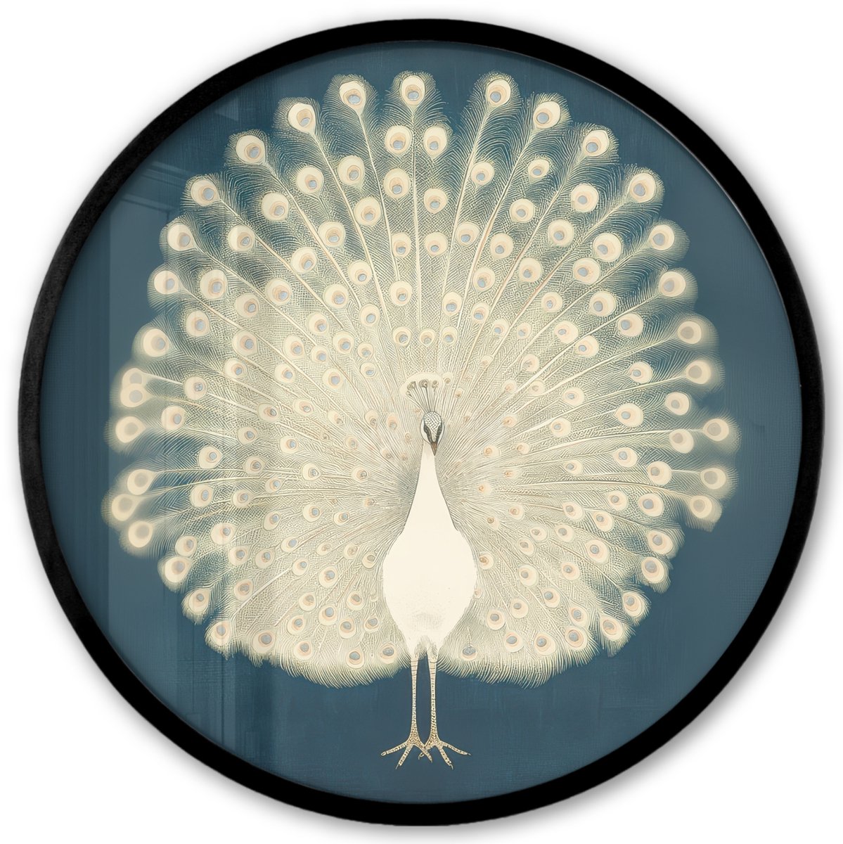 FrameYourWall Poster in lijst Rond - Fotolijst 40x40 cm - Posters - Vogel - Blauw - Vintage - Ronde posterlijst zwart - Decoratie - Wanddecoratie woonkamer - Muurdecoratie slaapkamer Pauw