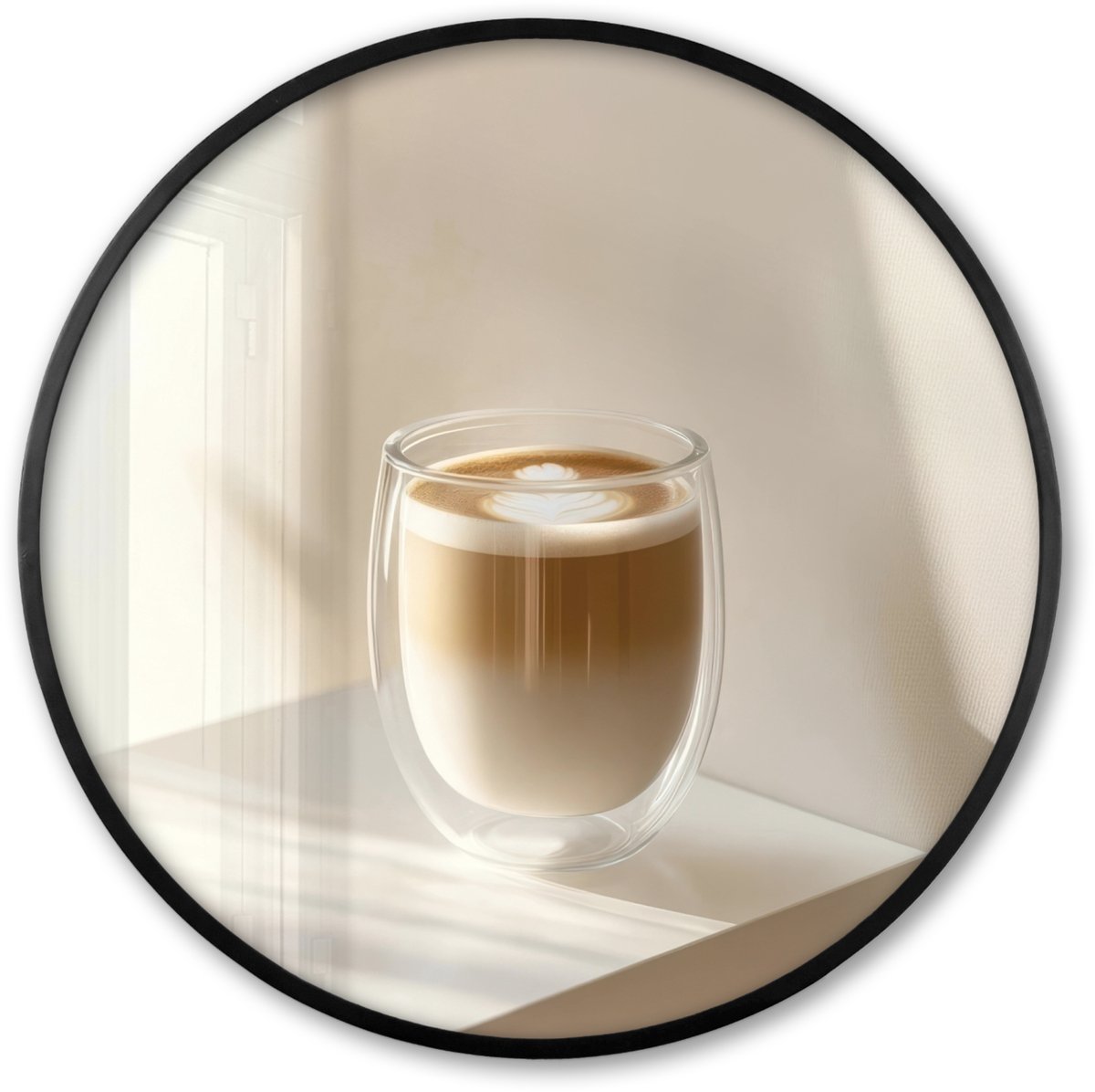 FrameYourWall Poster in lijst Rond - Fotolijst 80x80 cm - Posters - Mok - Latte - Minimalistisch - Schaduw - Ronde posterlijst zwart - Decoratie - Wanddecoratie woonkamer - Muurdecoratie slaapkamer Glas - Latte