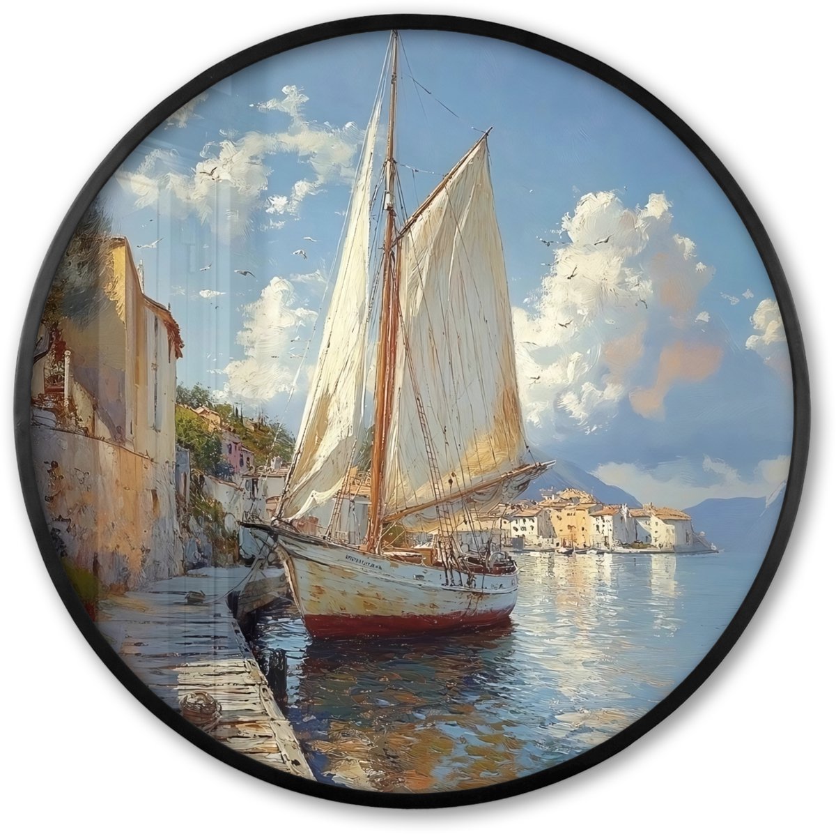 FrameYourWall Poster in lijst Rond - Fotolijst 80x80 cm - Posters - Zeilschip - Huizen - Kade - Zee - Ronde posterlijst zwart - Decoratie - Wanddecoratie woonkamer - Muurdecoratie slaapkamer Zeilschip - Huizen - Zee