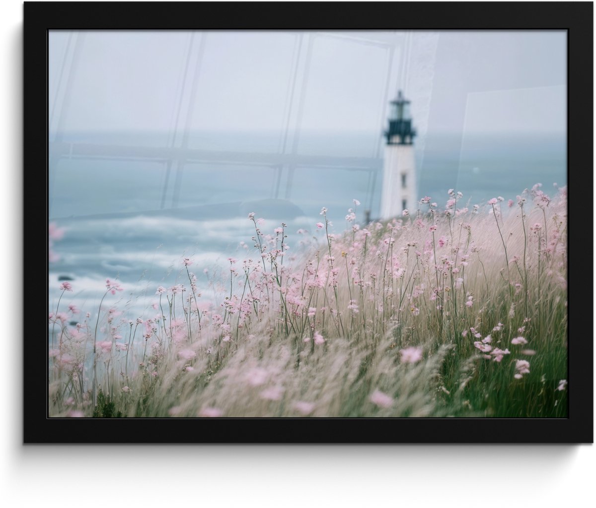 FrameYourWall Poster in lijst - Fotolijst 40x30 cm - Posters - Vuurtoren - Klif - Zee - Bloemen - Posterlijst zwart - Decoratie - Wanddecoratie woonkamer - Muurdecoratie slaapkamer Vuurtoren - Zee - Bloemen