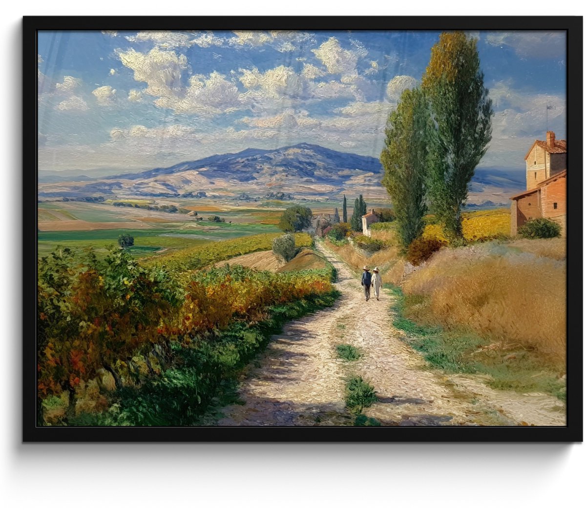 FrameYourWall Poster in lijst - Fotolijst 80x60 cm - Posters - Mensen - Wandelen - Zandpad - Velden - Posterlijst zwart - Decoratie - Wanddecoratie woonkamer - Muurdecoratie slaapkamer Zandpad - Velden - Bergen