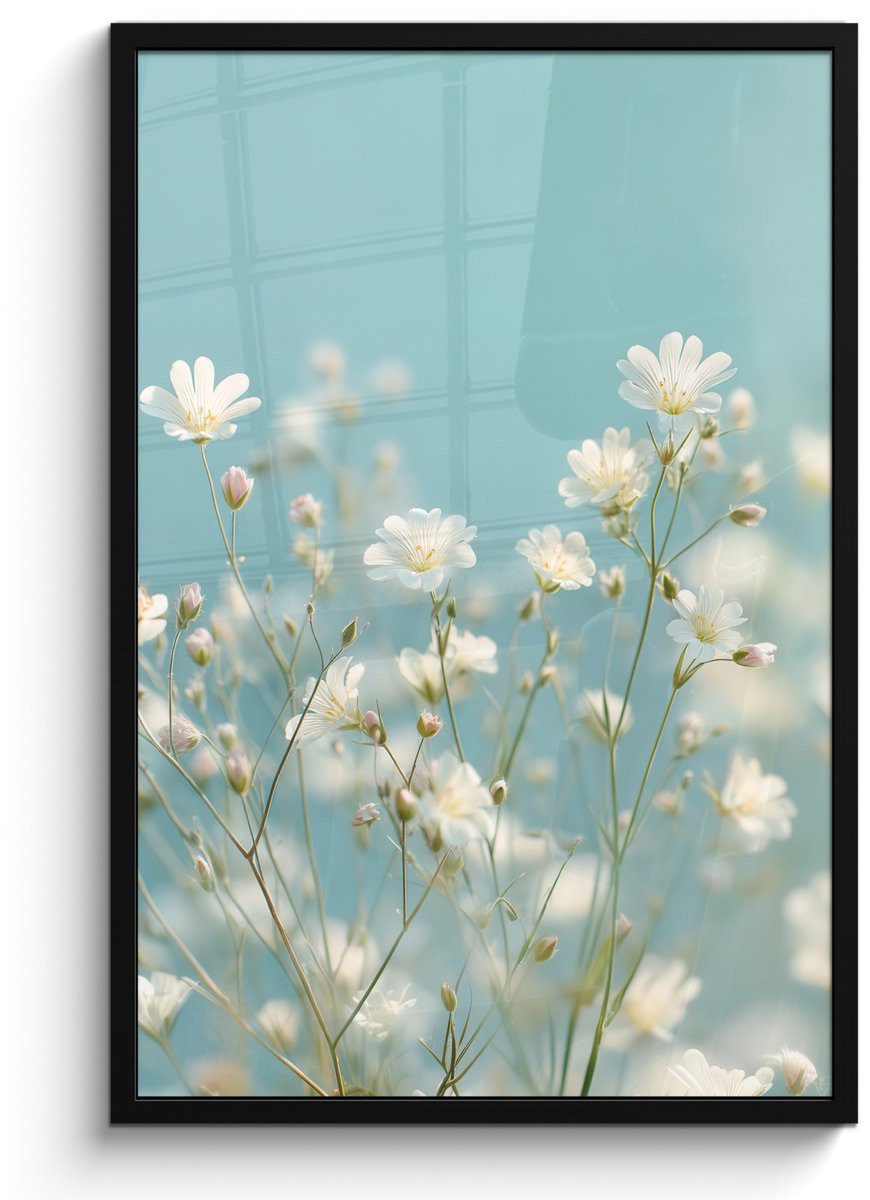 FrameYourWall Poster in lijst - Fotolijst 60x90 cm - Posters - Stengels - Bloemen - Lucht - Wit - Posterlijst zwart - Decoratie - Wanddecoratie woonkamer - Muurdecoratie slaapkamer