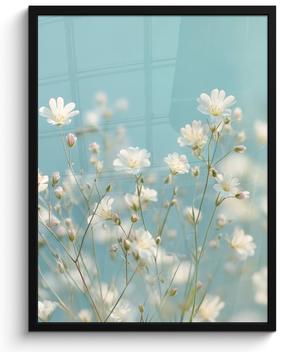 FrameYourWall Poster in lijst - Fotolijst 60x80 cm - Posters - Stengels - Bloemen - Lucht - Wit - Posterlijst zwart - Decoratie - Wanddecoratie woonkamer - Muurdecoratie slaapkamer