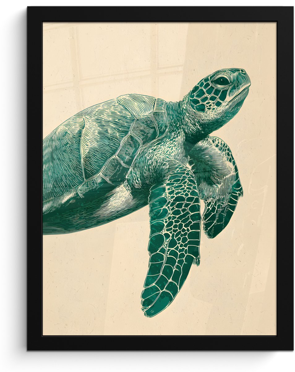 FrameYourWall Poster in lijst - Fotolijst 30x40 cm - Posters - Schildpad - Sierlijk - Groen - Schild - Posterlijst zwart - Decoratie - Wanddecoratie woonkamer - Muurdecoratie slaapkamer