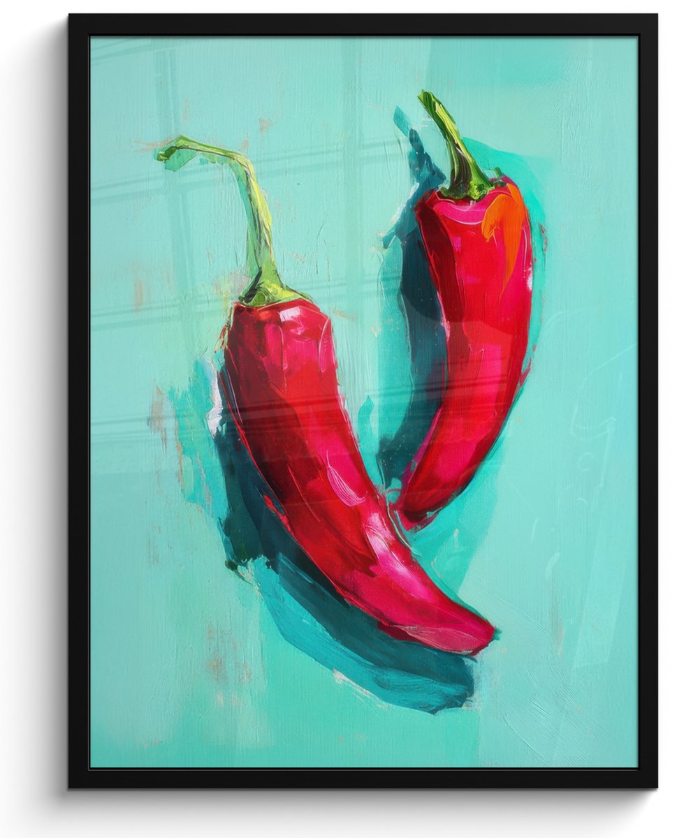 FrameYourWall Poster in lijst - Fotolijst 60x80 cm - Posters - Chilipepers - Geverfd - Rood - Posterlijst zwart - Decoratie - Wanddecoratie woonkamer - Muurdecoratie slaapkamer