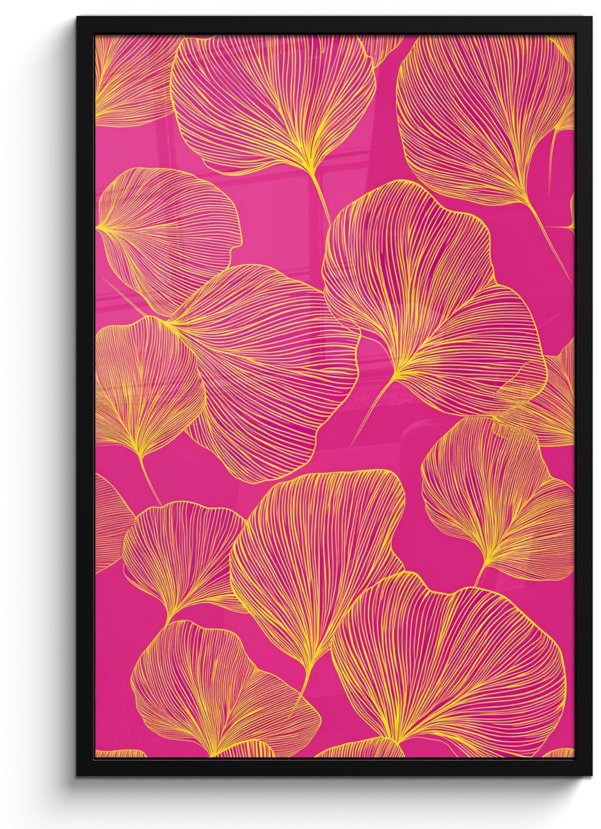 FrameYourWall Poster in lijst - Fotolijst 60x90 cm - Posters - Bladeren - Nerven - Grafisch - Roze - Posterlijst zwart - Decoratie - Wanddecoratie woonkamer - Muurdecoratie slaapkamer Bladeren - Grafisch