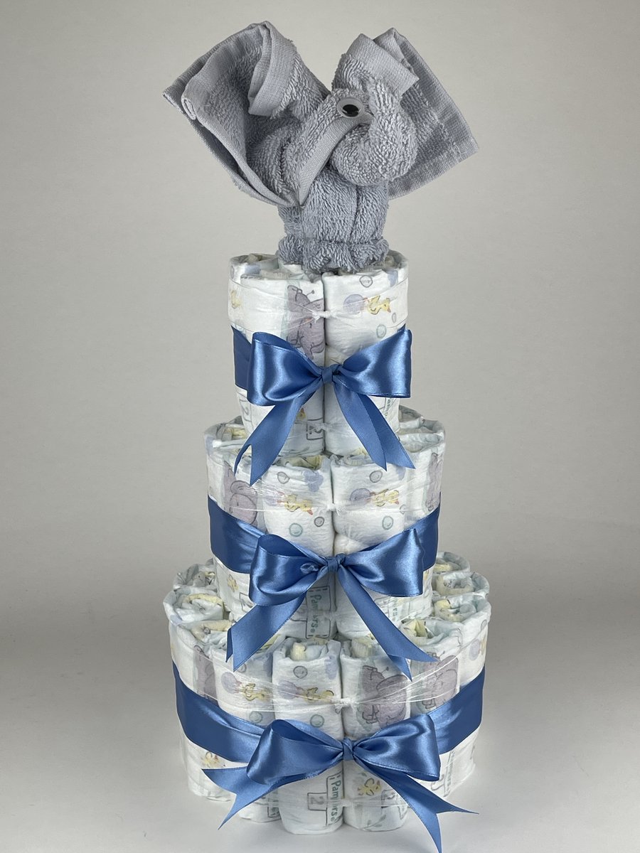 Chouette-Chouette | Luiertaart Jongen | Kraamcadeau | Geboorte Jongen | Babyshower | Olifant Grijs - diep Blauw