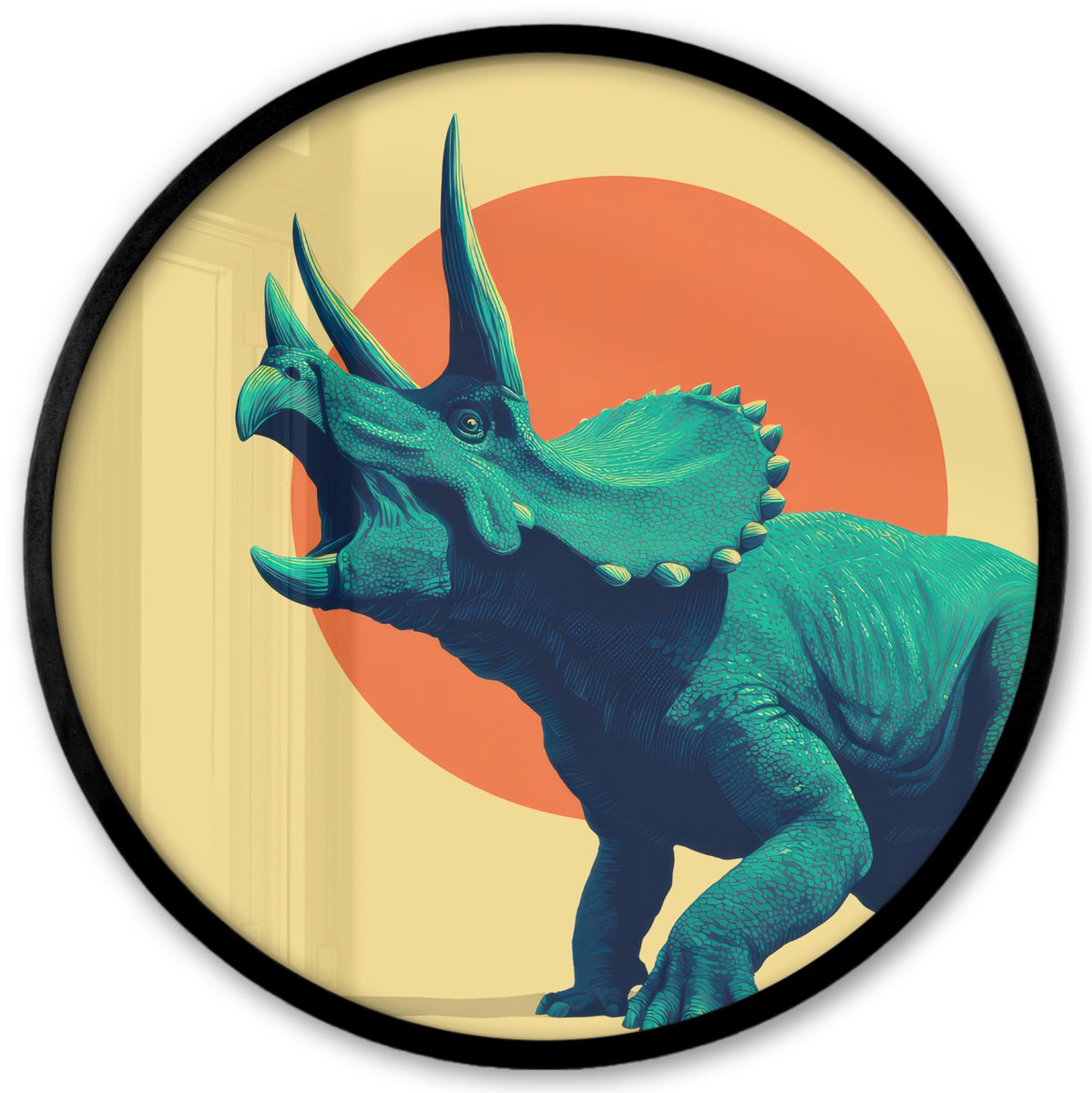 FrameYourWall Poster in lijst Rond - Fotolijst 40x40 cm - Posters - Triceratops - Cirkel - Oranje - Hoorns - Ronde posterlijst zwart - Decoratie - Wanddecoratie woonkamer - Muurdecoratie slaapkamer