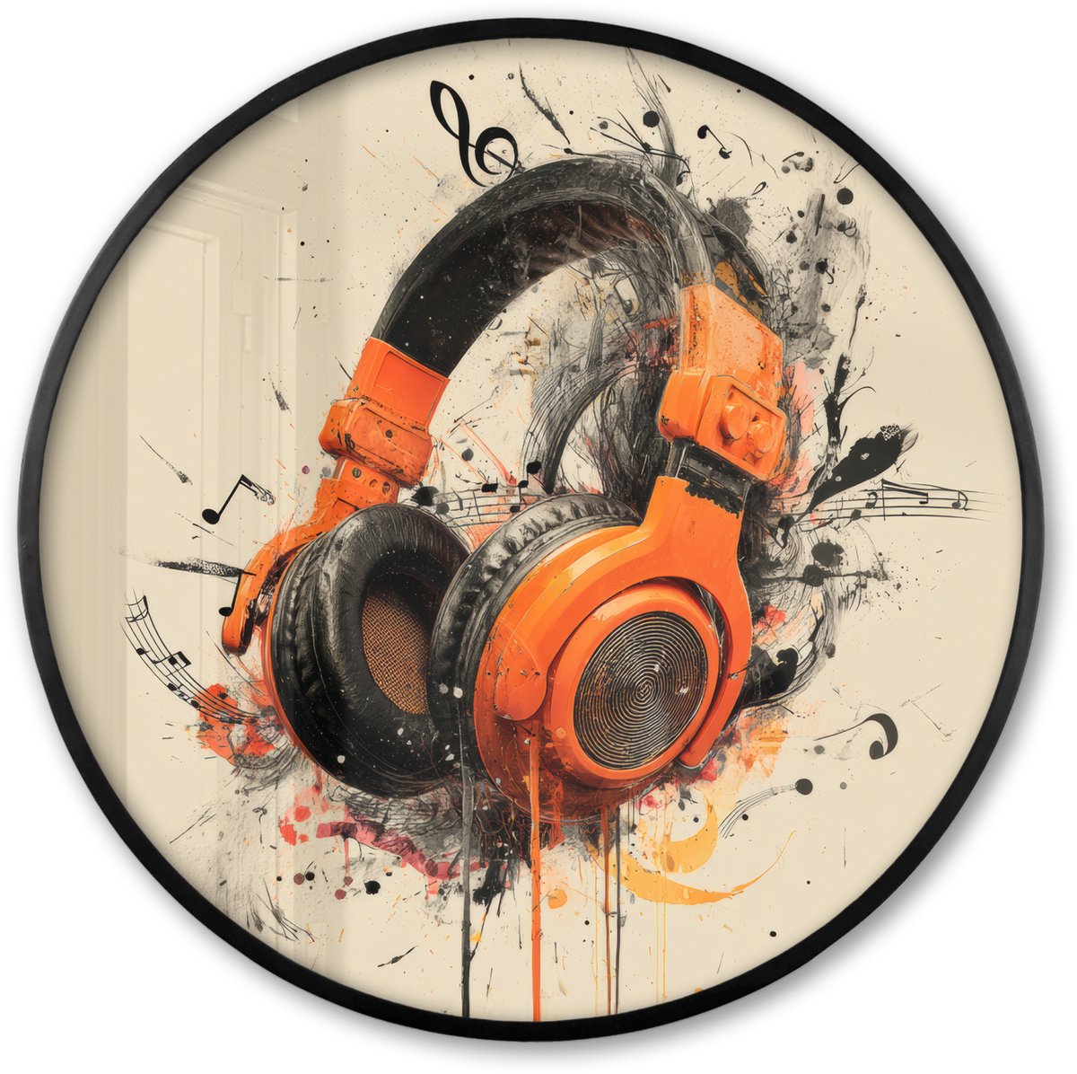 FrameYourWall Poster in lijst Rond - Fotolijst 80x80 cm - Posters - Koptelefoon - Oranje - Explosief - Ronde posterlijst zwart - Decoratie - Wanddecoratie woonkamer - Muurdecoratie slaapkamer Koptelefoon - Muzieknoten