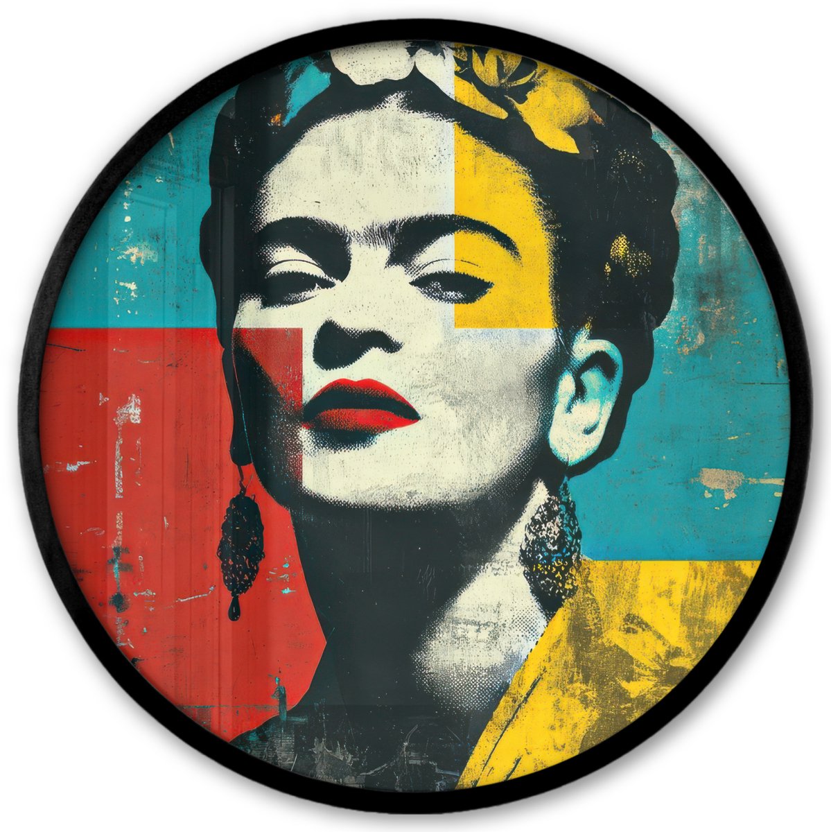 FrameYourWall Poster in lijst Rond - Fotolijst 40x40 cm - Posters - Bloemen - Felle kleuren - Grafisch - Modern - Ronde posterlijst zwart - Decoratie - Wanddecoratie woonkamer - Muurdecoratie slaapkamer Vrouw - Grafisch